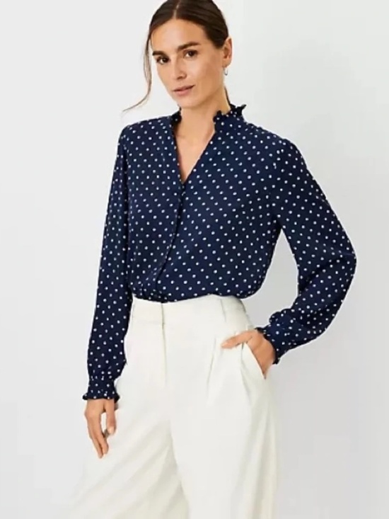 Ann Taylor Tops - Ann Taylor Navy and White Dotted Ruffle Button Blouse